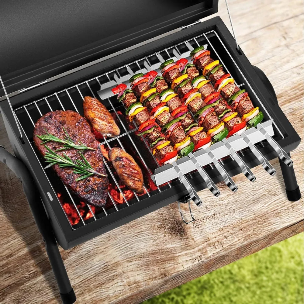 a grill with food and vegetables on it